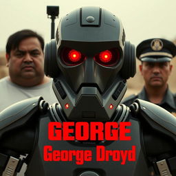 A robotic George Floyd looks forward with red glowing eyes