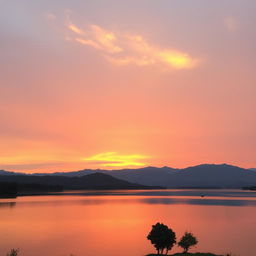 A serene landscape featuring a beautiful sunset over a calm lake with mountains in the background