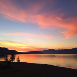 A serene landscape featuring a beautiful sunset over a calm lake with mountains in the background