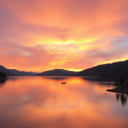 A serene landscape featuring a beautiful sunset over a calm lake with mountains in the background