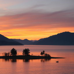 A serene landscape featuring a beautiful sunset over a calm lake with mountains in the background