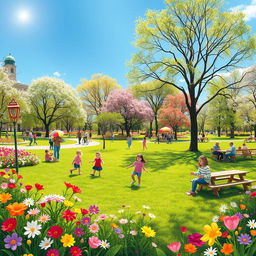 Create an image featuring a vibrant and cheerful scene in a park during springtime