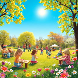 Create an image featuring a vibrant and cheerful scene in a park during springtime