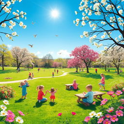 Create an image featuring a vibrant and cheerful scene in a park during springtime