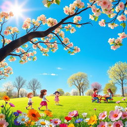 Create an image featuring a vibrant and cheerful scene in a park during springtime