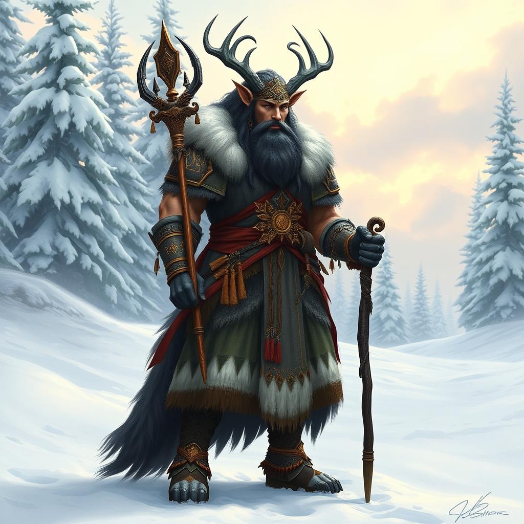 A majestic Northern Centaur Clan Chief standing proudly in a snowy landscape, adorned with traditional tribal armor and holding a ceremonial staff