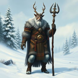 A majestic Northern Centaur Clan Chief standing proudly in a snowy landscape, adorned with traditional tribal armor and holding a ceremonial staff