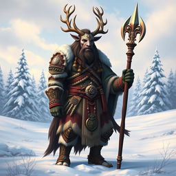 A majestic Northern Centaur Clan Chief standing proudly in a snowy landscape, adorned with traditional tribal armor and holding a ceremonial staff