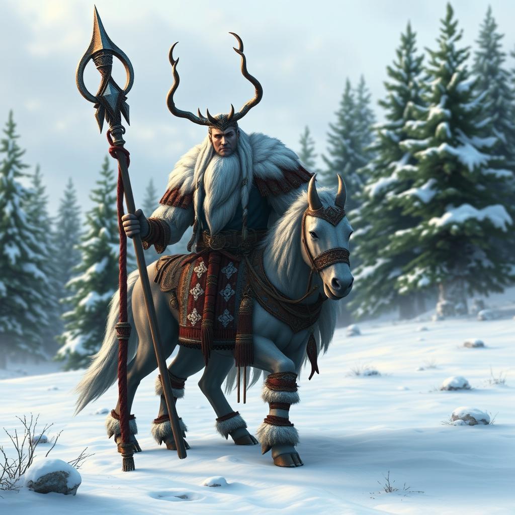 A majestic Northern Centaur Clan Chief standing proudly in a snowy landscape, adorned with traditional tribal armor and holding a ceremonial staff