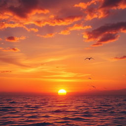 A vibrant and detailed image of a beautiful sunset over a calm ocean, with the sky painted in shades of orange, pink, and purple