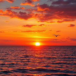 A vibrant and detailed image of a beautiful sunset over a calm ocean, with the sky painted in shades of orange, pink, and purple