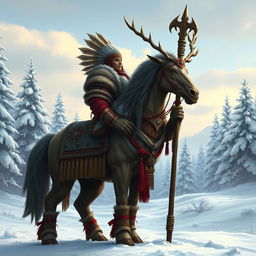 A majestic Northern Clan Chief Centaur standing proudly in a snowy landscape