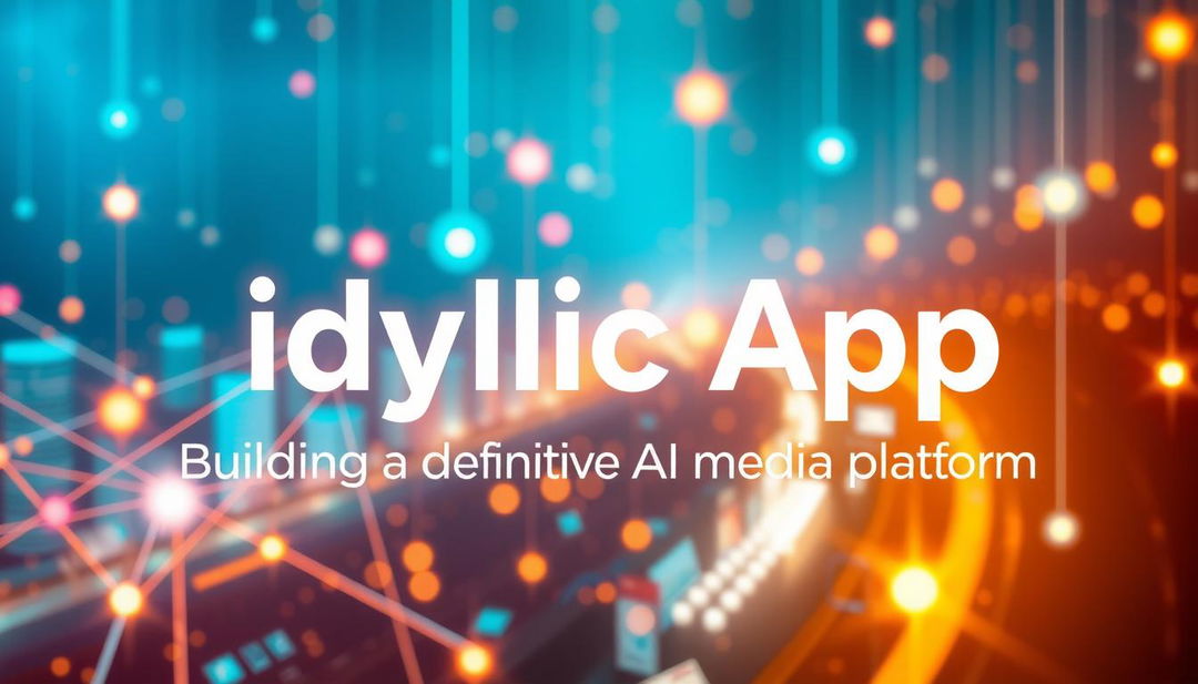 Create a cinematic and stunning YouTube thumbnail with the titles 'Idyllic App' and 'Building a definitive AI media platform