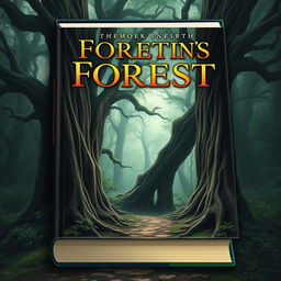 Create a captivating book cover featuring a mysterious forest with towering ancient trees