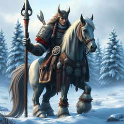 A majestic Northern Clan Chief who is half-human and half-horse, standing proudly in a snowy landscape