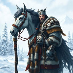 A majestic Northern Clan Chief who is half-human and half-horse, standing proudly in a snowy landscape