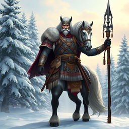 A majestic Northern Clan Chief who is half-human and half-horse, standing proudly in a snowy landscape