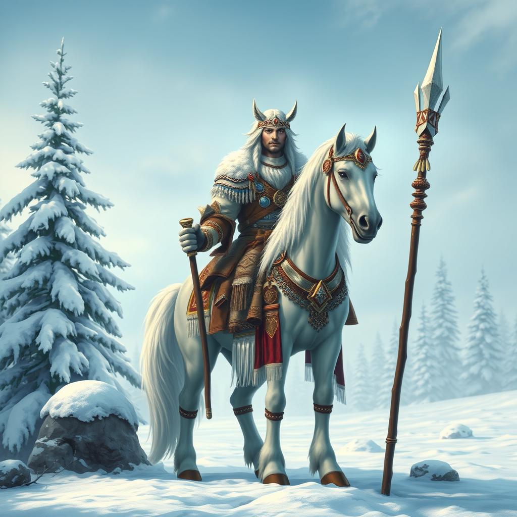 A majestic Northern Clan Chief who is half-human and half-horse, standing proudly in a snowy landscape