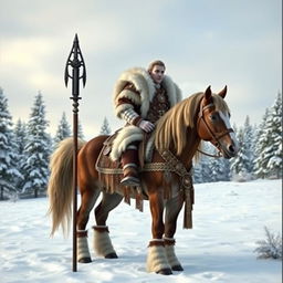 A majestic Northern Clan Chief who is half-human and half-horse, standing proudly in a snowy landscape