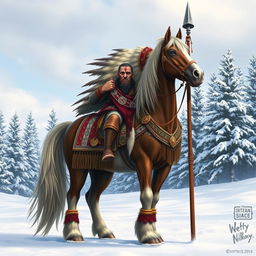 A majestic Northern Clan Chief who is half-human and half-horse, standing proudly in a snowy landscape