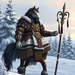 A majestic Northern Clan Chief who is half-human and half-horse, standing proudly in a snowy landscape