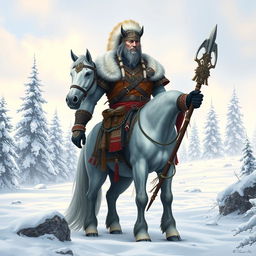 A majestic Northern Clan Chief who is half-human and half-horse, standing proudly in a snowy landscape