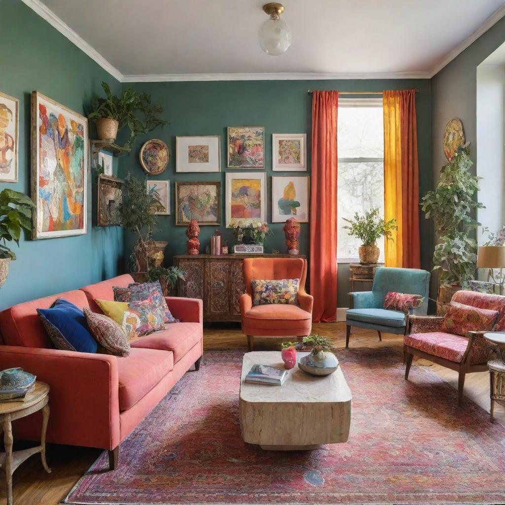 A vibrant and inspiring room filled with a variety of vivid colors, eclectic furniture, inspirational art on the walls, and an abundance of natural light.