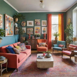 A vibrant and inspiring room filled with a variety of vivid colors, eclectic furniture, inspirational art on the walls, and an abundance of natural light.