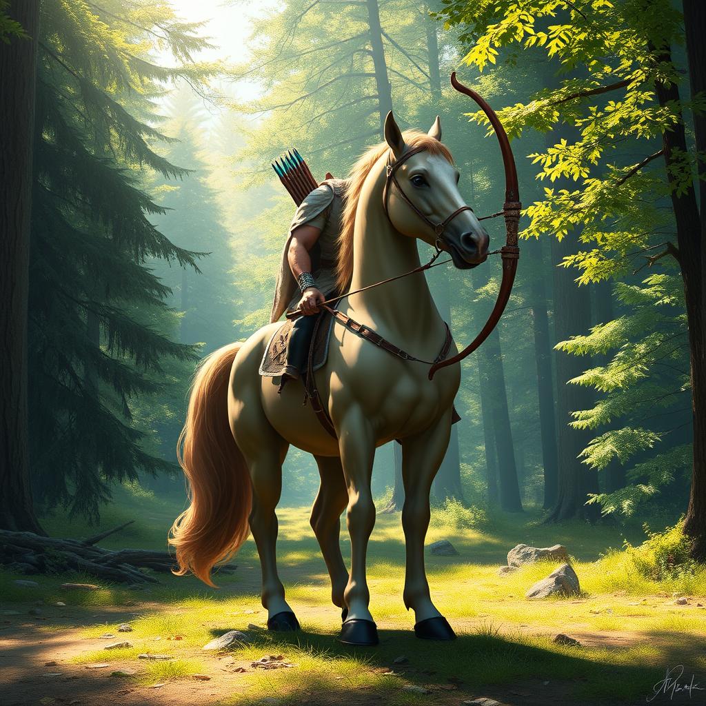 A majestic centaur standing in a lush forest clearing, with sunlight filtering through the trees