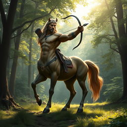 A majestic centaur standing in a lush forest clearing, with sunlight filtering through the trees