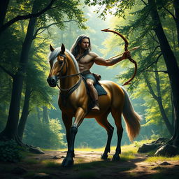 A majestic centaur standing in a lush forest clearing, with sunlight filtering through the trees