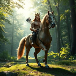 A majestic centaur standing in a lush forest clearing, with sunlight filtering through the trees