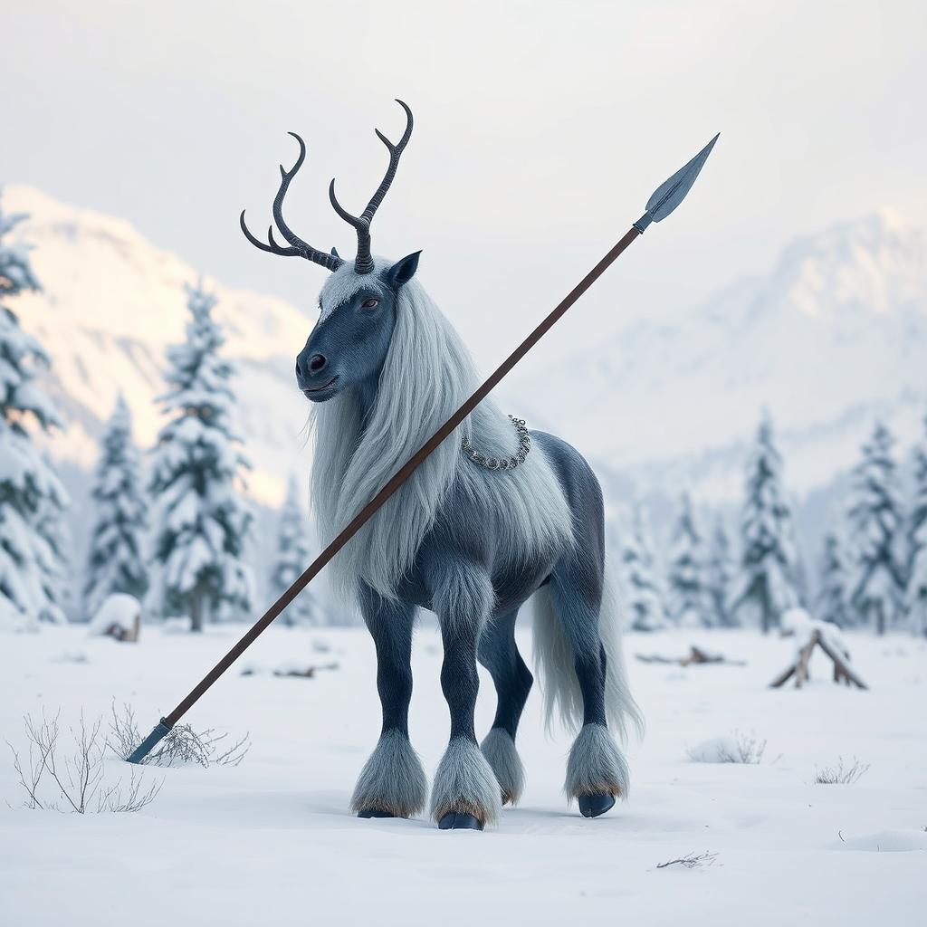 A northern centaur standing in a snowy landscape, with a backdrop of snow-covered pine trees and mountains