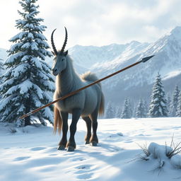 A northern centaur standing in a snowy landscape, with a backdrop of snow-covered pine trees and mountains