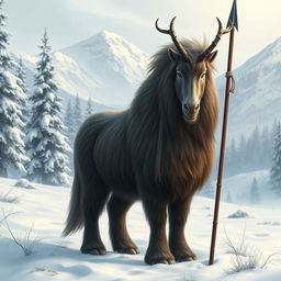 A northern centaur standing in a snowy landscape, with a backdrop of snow-covered pine trees and mountains