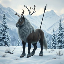 A northern centaur standing in a snowy landscape, with a backdrop of snow-covered pine trees and mountains