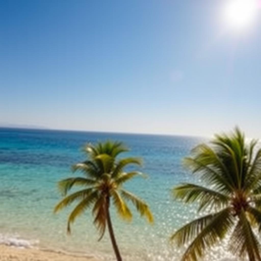 A photo of a scenic beach with a bright sun shining in the sky, clear blue waters, and palm trees swaying gently in the breeze