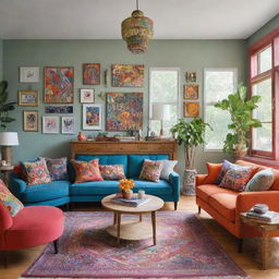 A vibrant and inspiring room filled with a variety of vivid colors, eclectic furniture, inspirational art on the walls, and an abundance of natural light.