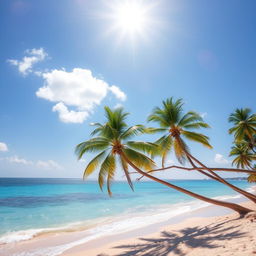 A photo of a scenic beach with a bright sun shining in the sky, clear blue waters, and palm trees swaying gently in the breeze