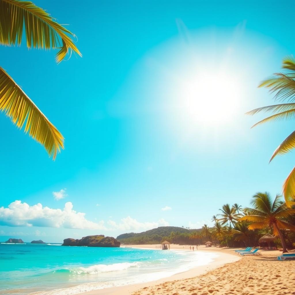 A photo of a scenic beach with a bright sun shining in the sky, clear blue waters, and palm trees swaying gently in the breeze