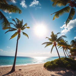 A photo of a scenic beach with a bright sun shining in the sky, clear blue waters, and palm trees swaying gently in the breeze