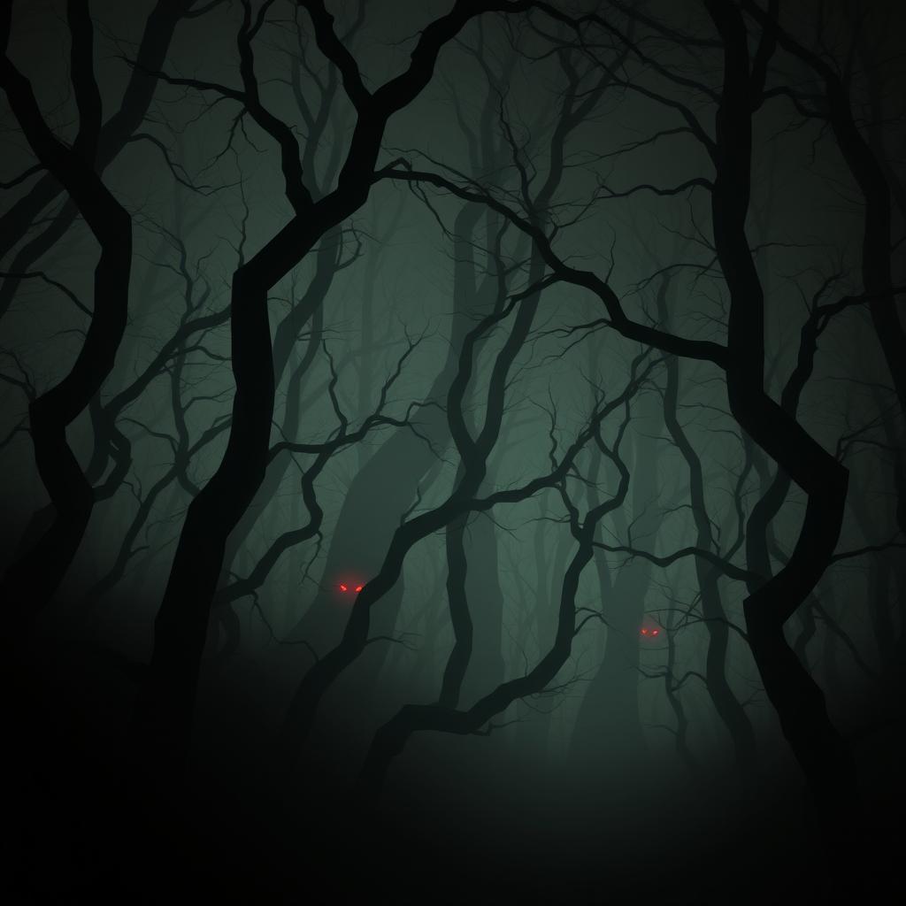 A dark and eerie forest at night with twisted trees, dense fog, and glowing red eyes peering from the shadows