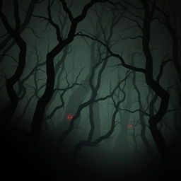 A dark and eerie forest at night with twisted trees, dense fog, and glowing red eyes peering from the shadows