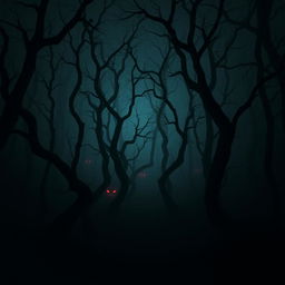 A dark and eerie forest at night with twisted trees, dense fog, and glowing red eyes peering from the shadows