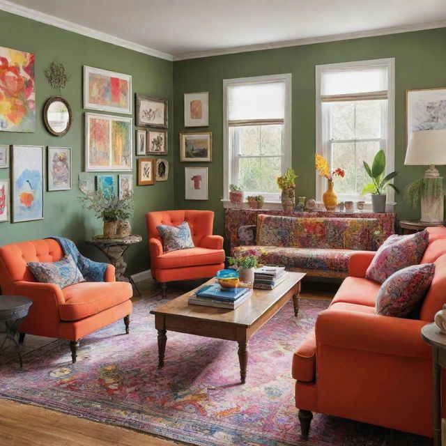 A vibrant and inspiring room filled with a variety of vivid colors, eclectic furniture, inspirational art on the walls, and an abundance of natural light.