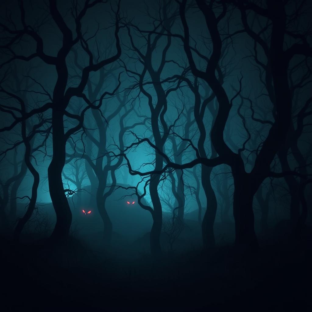 A dark and eerie forest at night with twisted trees, dense fog, and glowing red eyes peering from the shadows