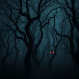 A dark and eerie forest at night with twisted trees, dense fog, and glowing red eyes peering from the shadows