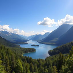 A beautiful landscape image with a 16:9 aspect ratio, featuring a serene lake surrounded by lush green forests and majestic mountains in the background