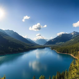 A beautiful landscape image with a 16:9 aspect ratio, featuring a serene lake surrounded by lush green forests and majestic mountains in the background