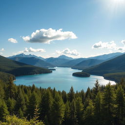 A beautiful landscape image with a 16:9 aspect ratio, featuring a serene lake surrounded by lush green forests and majestic mountains in the background